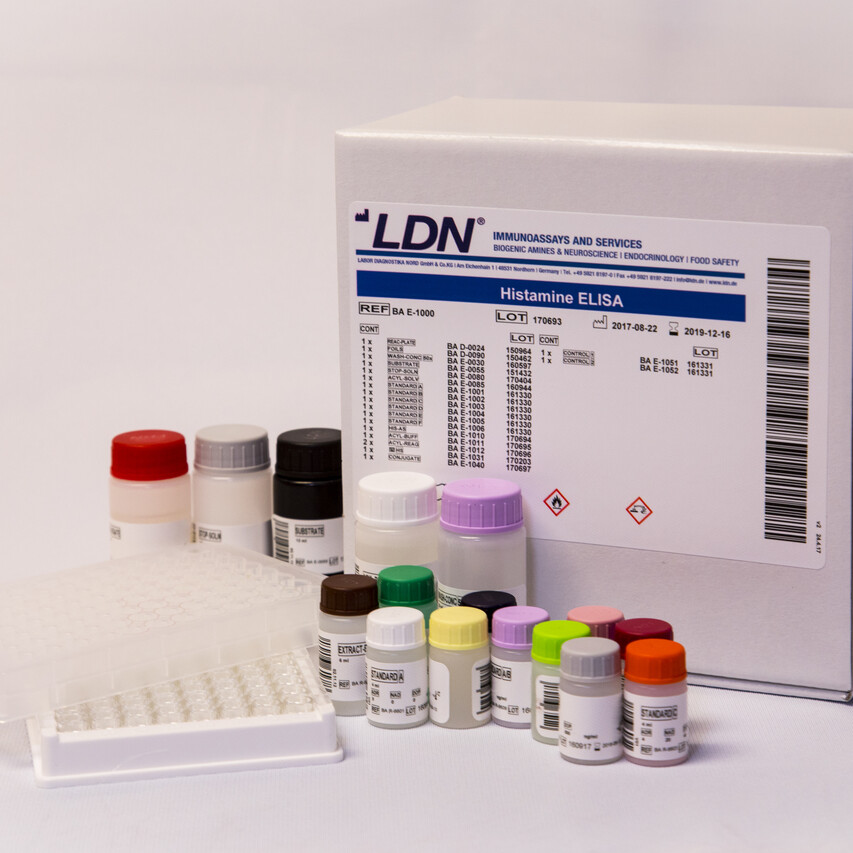 Histamine ELISA kits for the quantitative determination of Histamine in plasma and urine, any species and various biological samples. 