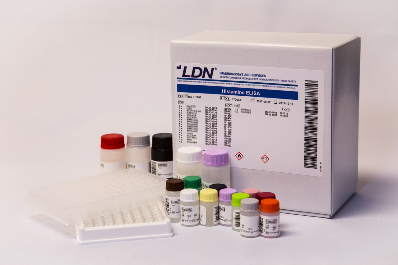 Histamine ELISA kits for the quantitative determination of Histamine in plasma and urine, any species and various biological samples. 